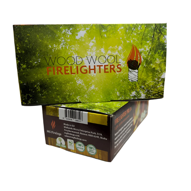 Natural Wood Wool Firelighters - Box 24 Pcs